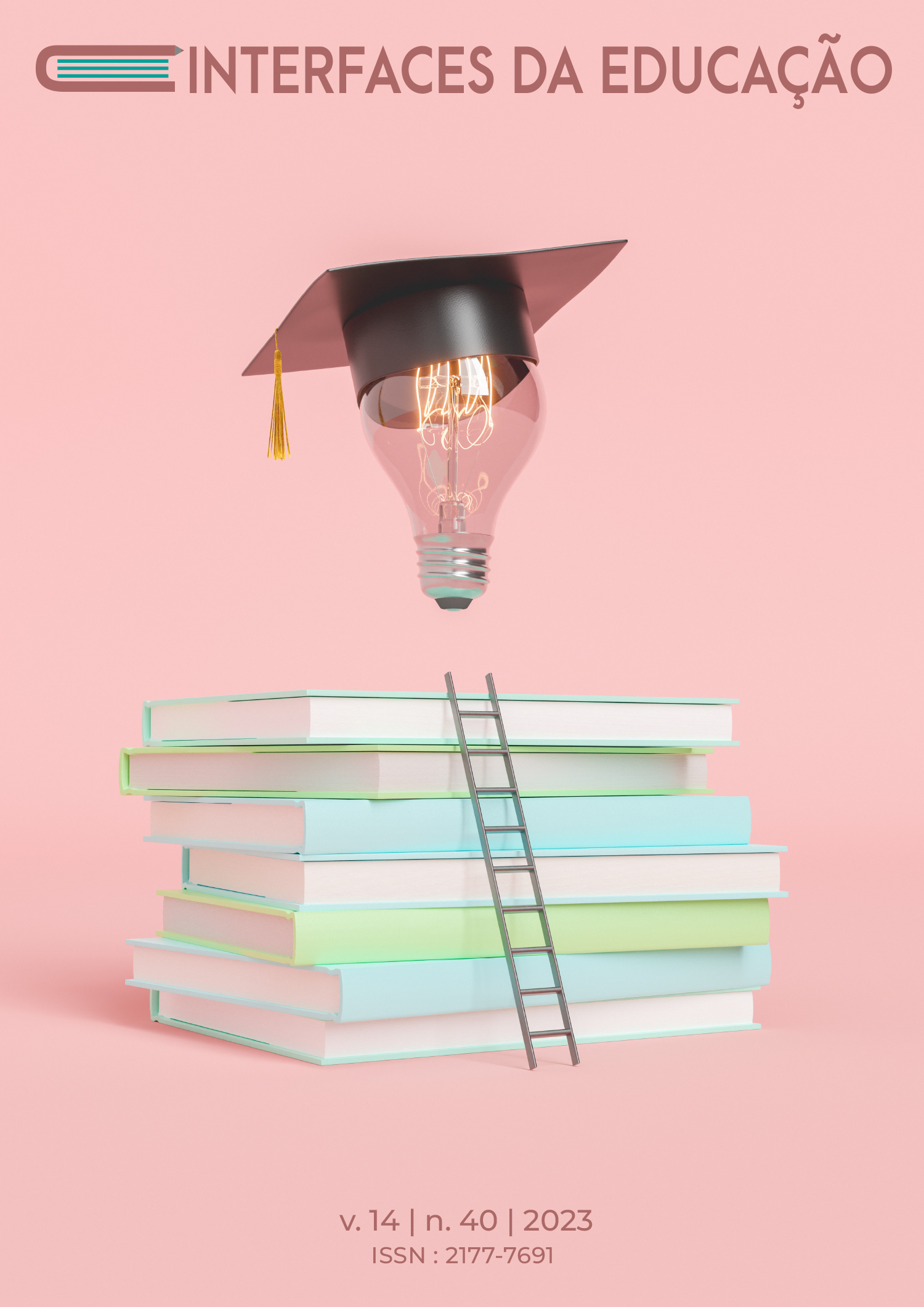Capa do novo número da revista interfaces da educação com fundo rosa composta por uma ilustração com livros amontoados, uma escada encostada nos livros que possibilita o alcance do conhecimento